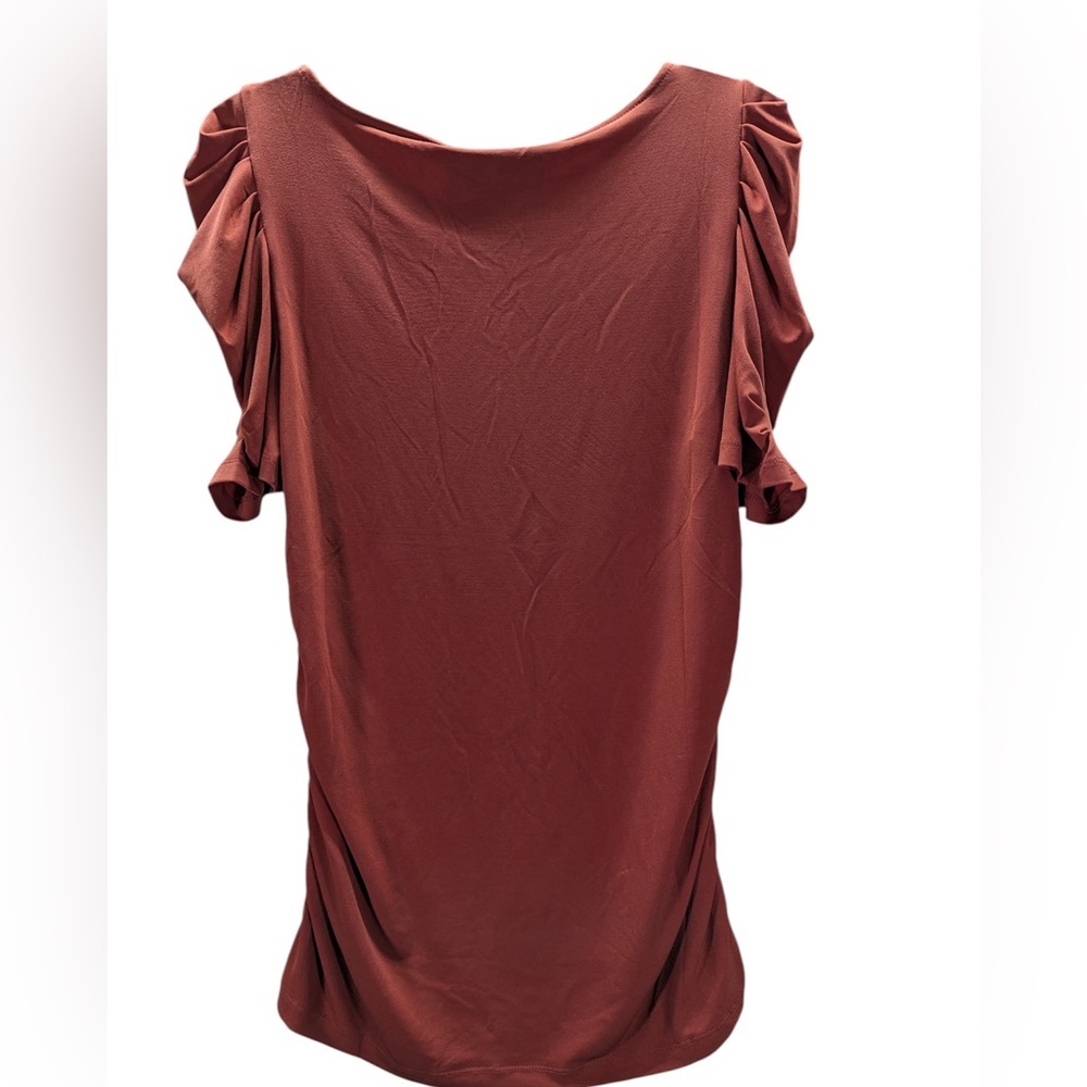 DKNY‎ Dusty muave balloon sleeve blouse ruffled sleeves stretchy size L NWOT - Picture 2 of 6